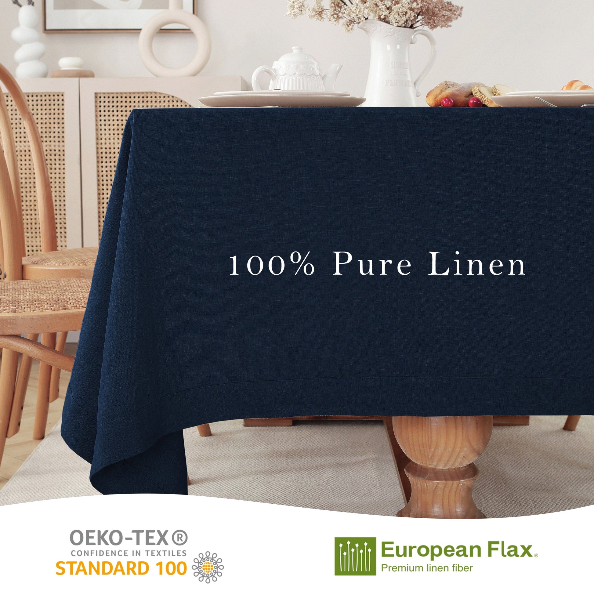 Navy blue tablecloth with '100% Pure Linen' text on a dining table, with OEKO-TEX and European Flax branding.
