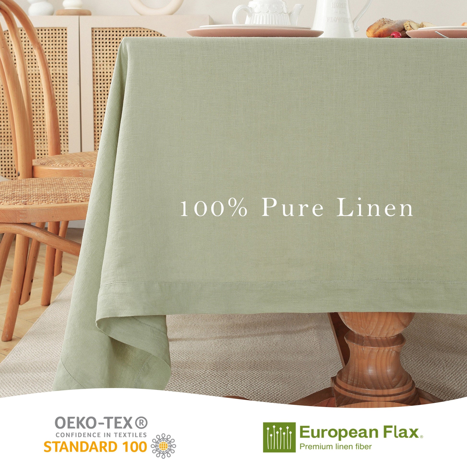 A sage green linen tablecloth draped over a wooden table in a dining room setting, with '100% Pure Linen' printed in white text across the center. The bottom of the image features a white banner with OEKO-TEX and European Flax certification logos.