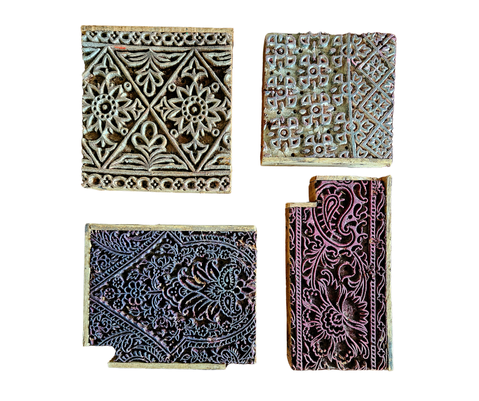 Vintage Hand Carved Textile Printing Blocks, Set of Four (4) – Large