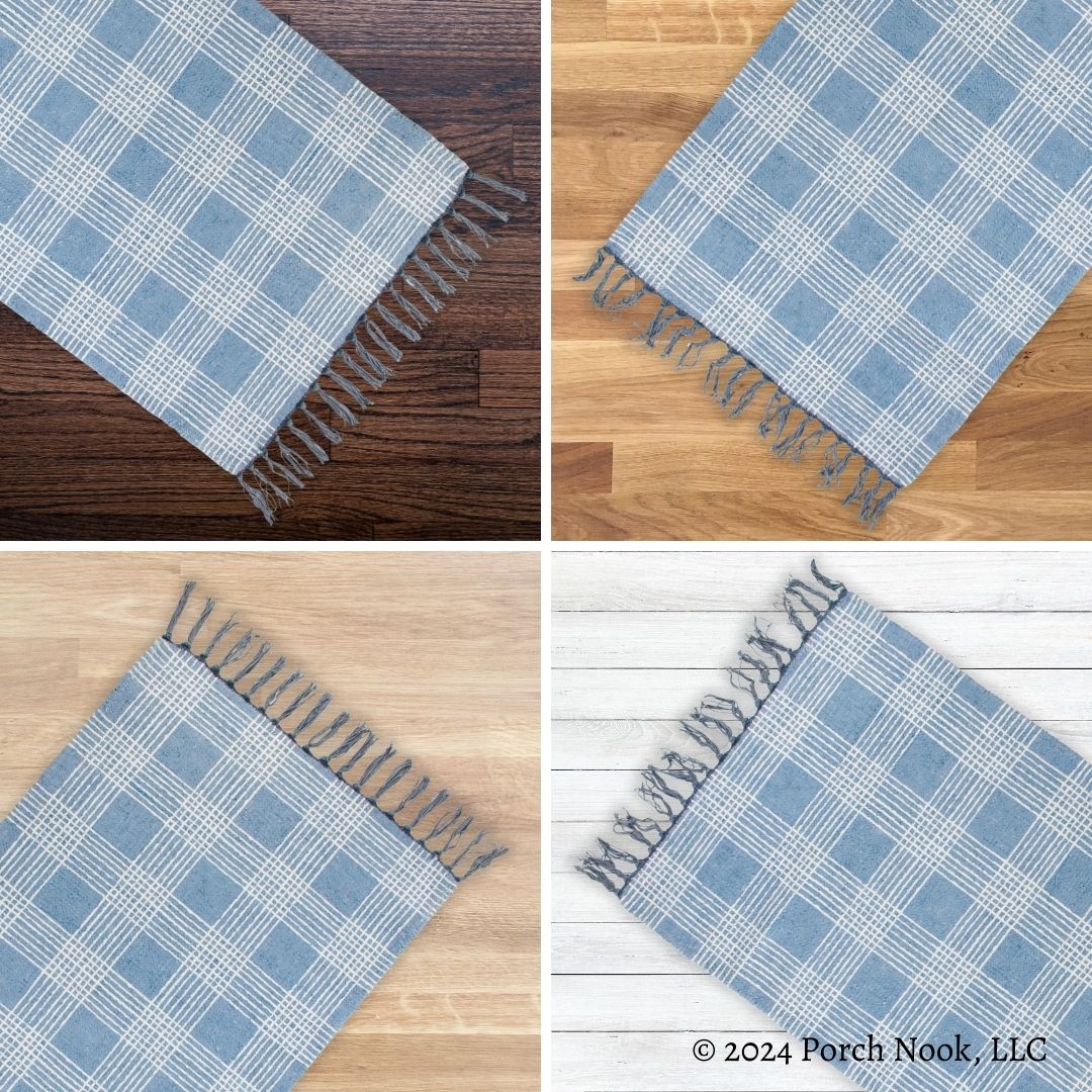 Porch Nook | Soft Blue Plaid Tassel Area Rug, 34x20