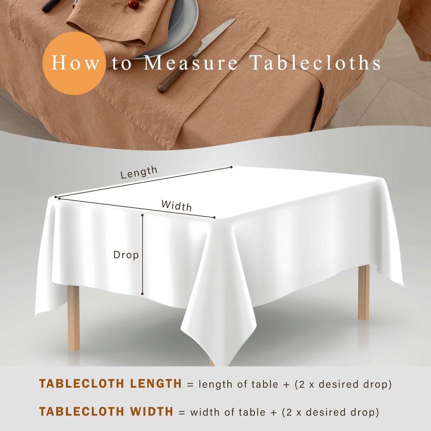 Instructional graphic titled 'How to Measure Tablecloths' showing a white tablecloth draped over a table with labeled dimensions for length, width, and drop, plus measurement formulas at the bottom.