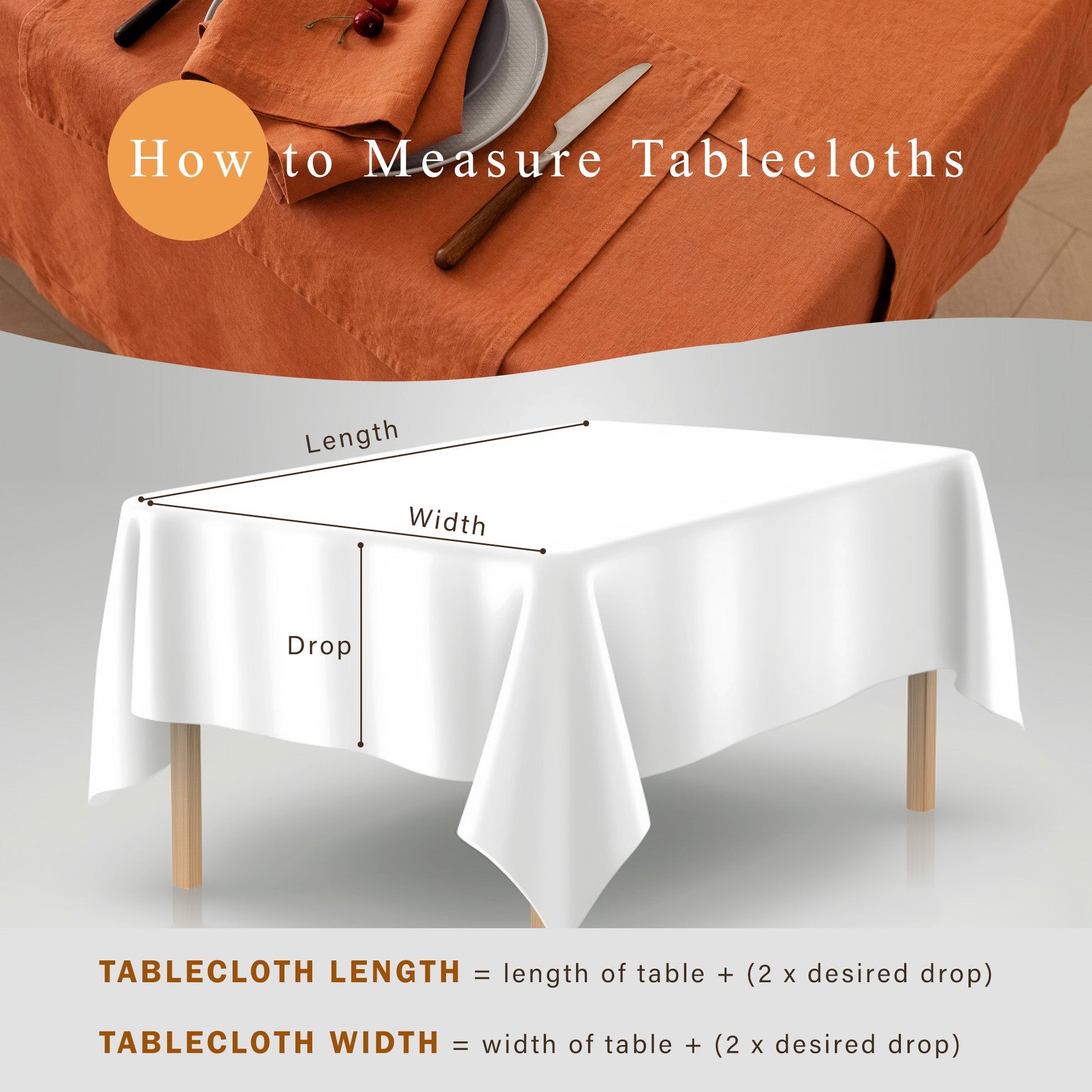 Instructional graphic titled 'How to Measure Tablecloths' showing a white tablecloth draped over a square table with labeled dimensions for length, width, and drop, plus measurement formulas at the bottom.
