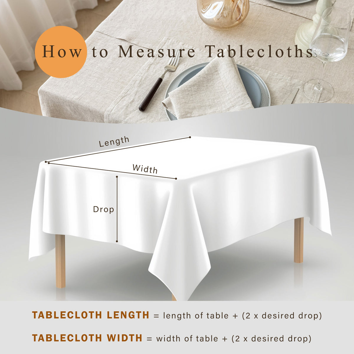 Instructional graphic titled 'How to Measure Tablecloths' showing a white tablecloth draped over a square table with labeled dimensions for length, width, and drop, plus measurement formulas at the bottom.