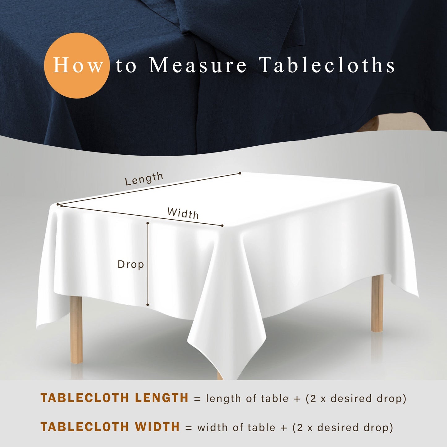 Diagram showing how to measure tablecloths with a white tablecloth on a gray background.