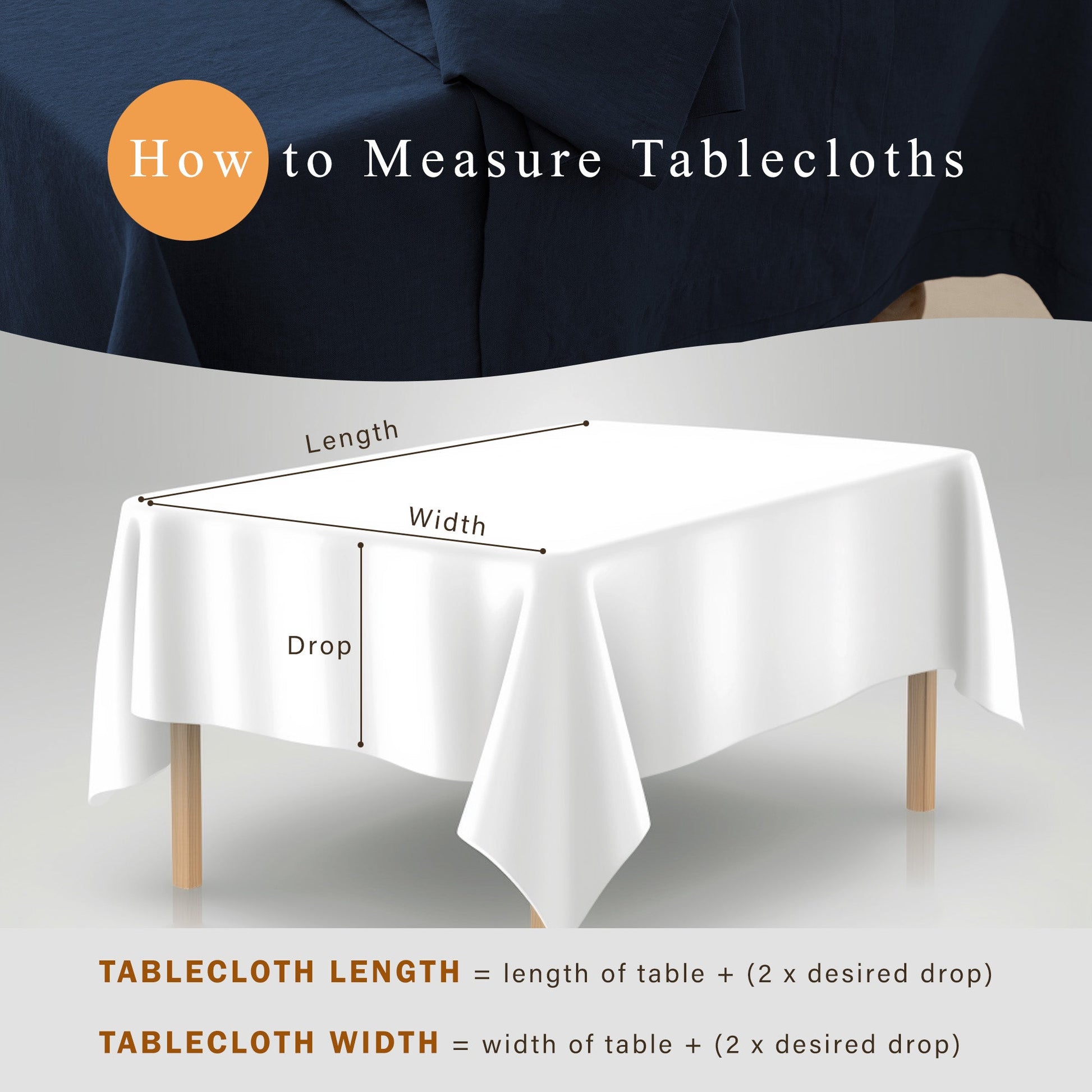 Diagram showing how to measure tablecloths with a white tablecloth on a gray background.