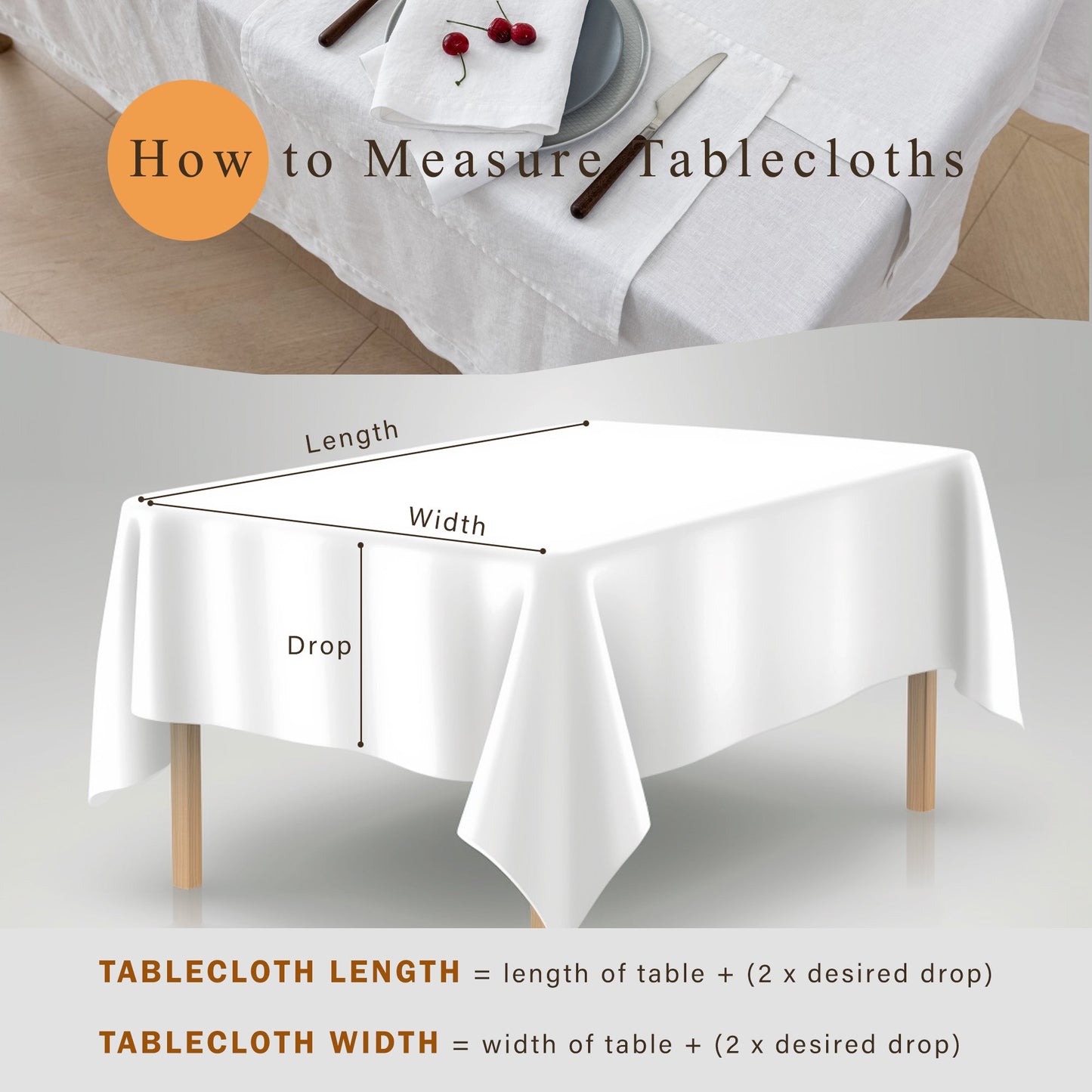Instructional graphic titled 'How to Measure Tablecloths' showing a white tablecloth draped over a rectangular table with labeled dimensions for length, width, and drop, plus measurement formulas at the bottom.