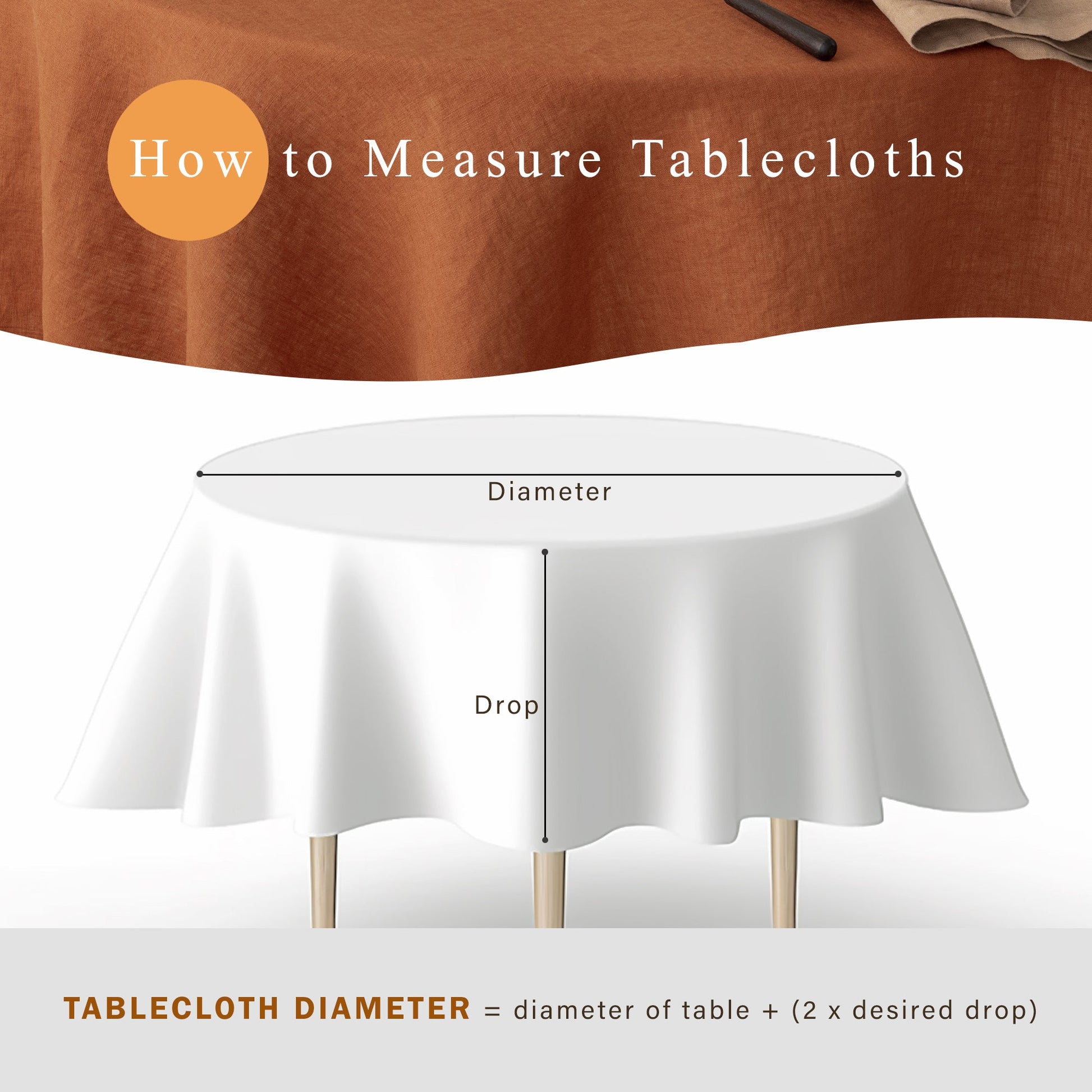 Instructional graphic titled 'How to Measure Tablecloths' showing a white round tablecloth draped over a table with labeled dimensions for diameter and drop, plus a brown fabric sample at the top and a white background.