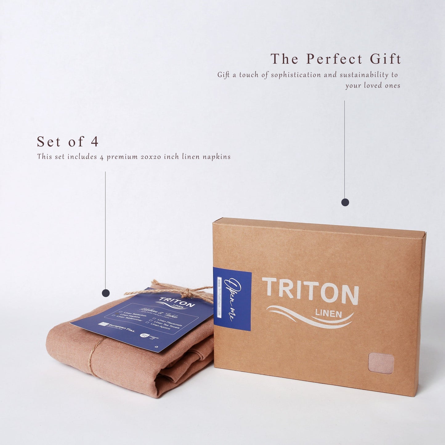 A set of four brown kraft paper napkins with blue labels, displayed next to their branded brown cardboard box on a clean white background. Text overlays describe the set as 'The Perfect Gift' containing premium 20x20 inch linen napkins.