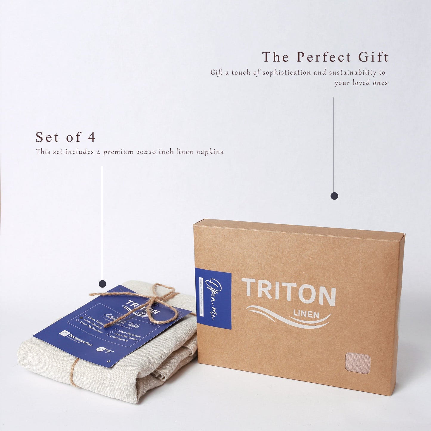A set of 4 premium 20x20 inch linen napkins by Triton Linen, shown folded with a blue branded paper band and tied with twine next to their kraft paper gift box. The image includes descriptive text overlays on a clean white background.