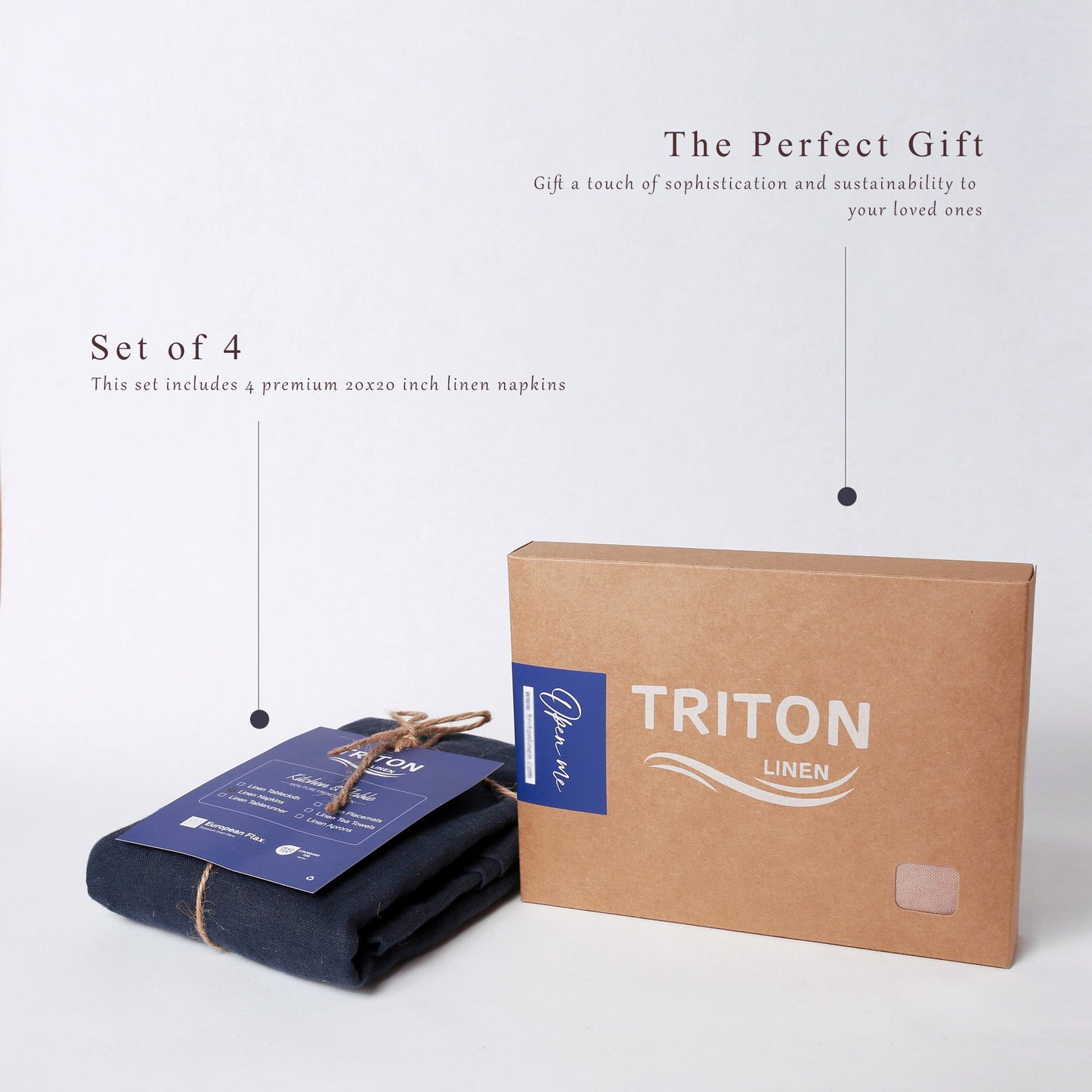 A set of four folded navy blue linen napkins tied with twine and a blue hangtag, next to a brown kraft gift box labeled TRITON LINEN, on a clean white background with descriptive text overlays.