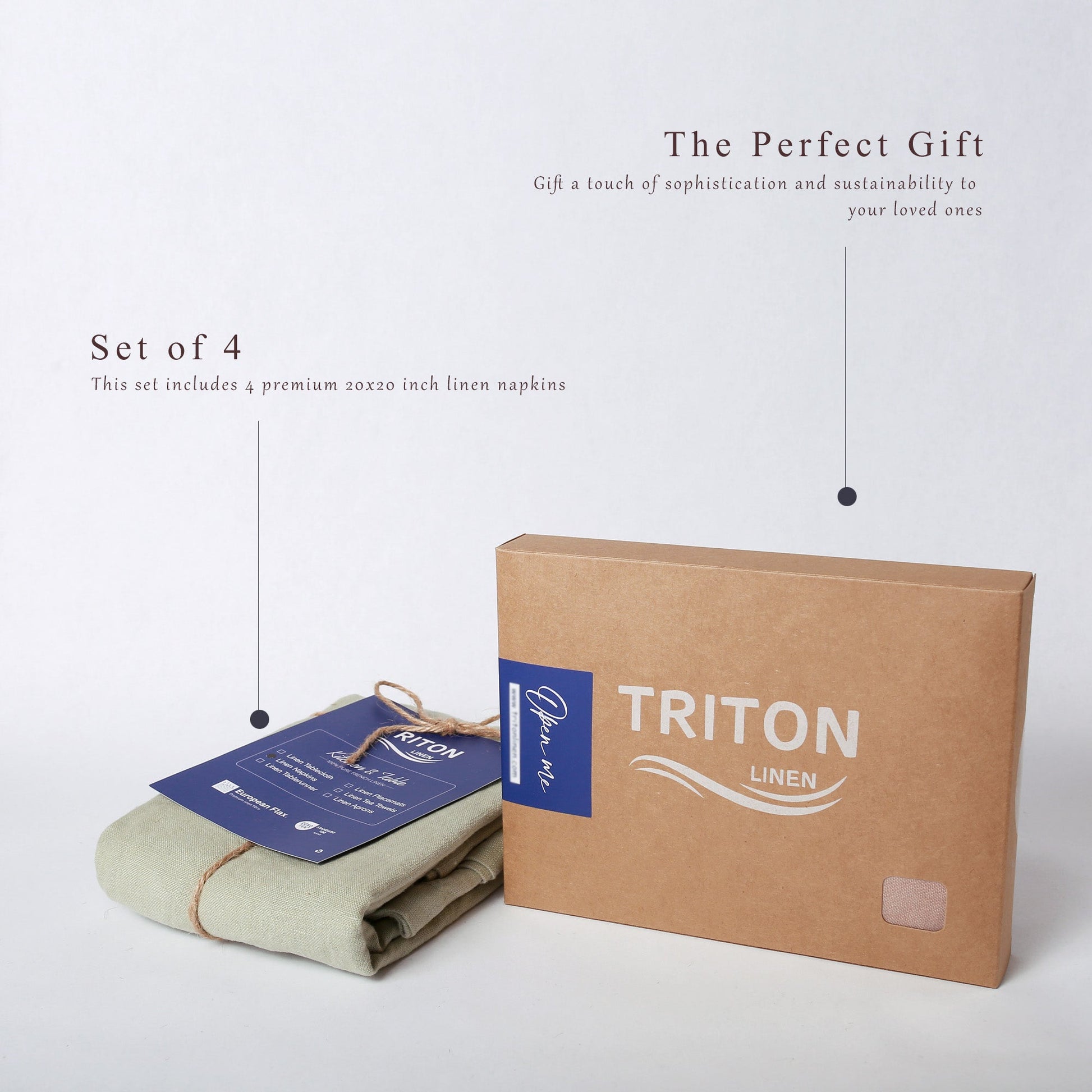 A set of four folded light beige linen napkins with a blue hangtag, next to a brown kraft paper box labeled 'TRITON LINEN', on a clean white background with descriptive text callouts.