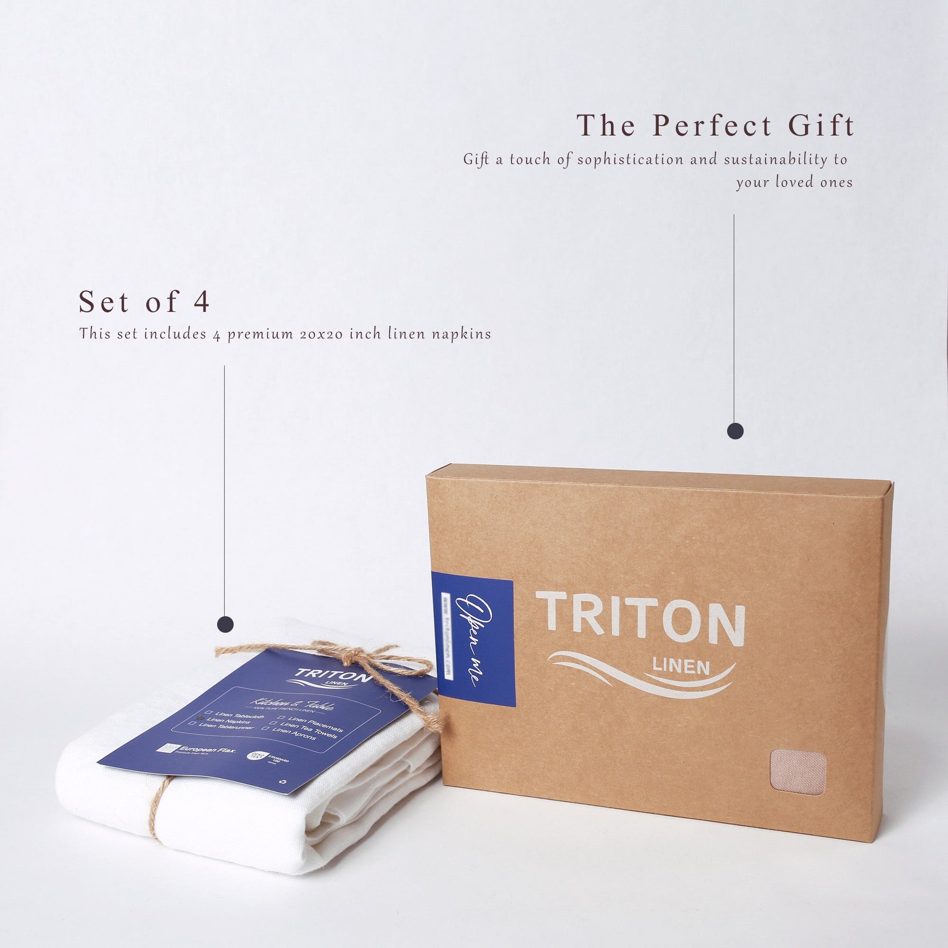 A set of four white linen napkins tied with twine and a brown kraft gift box labeled TRITON LINEN, shown on a clean white background with descriptive text callouts.