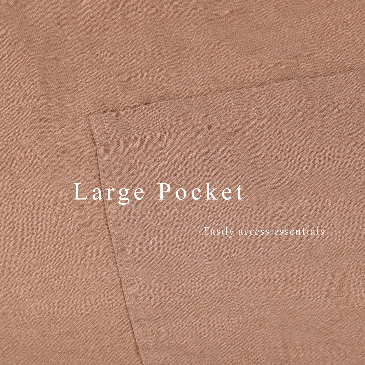 Close-up of a dusty rose or mauve fabric pocket with white text reading 'Large Pocket' and 'Easily access essentials'.