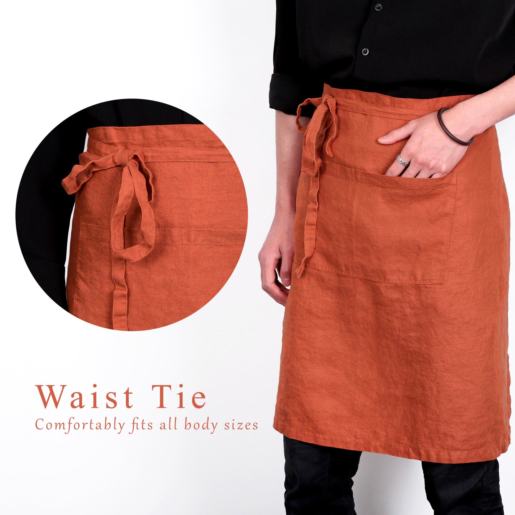 An orange-brown linen apron with a waist tie and front pocket, shown on a model wearing a black shirt. A circular inset highlights the fabric texture and waist tie detail, with text reading 'Waist Tie' and 'Comfortably fits all body sizes'.