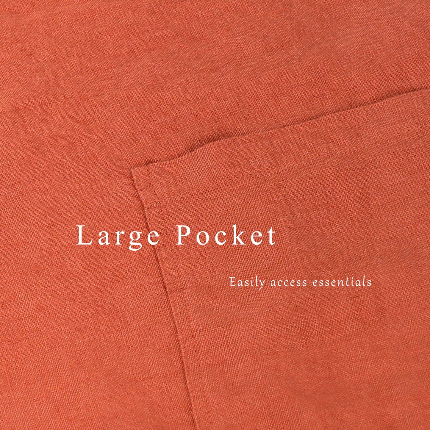Close-up of a rust-orange fabric surface with a stitched pocket and overlaid text reading 'Large Pocket' and 'Easily access essentials.'.