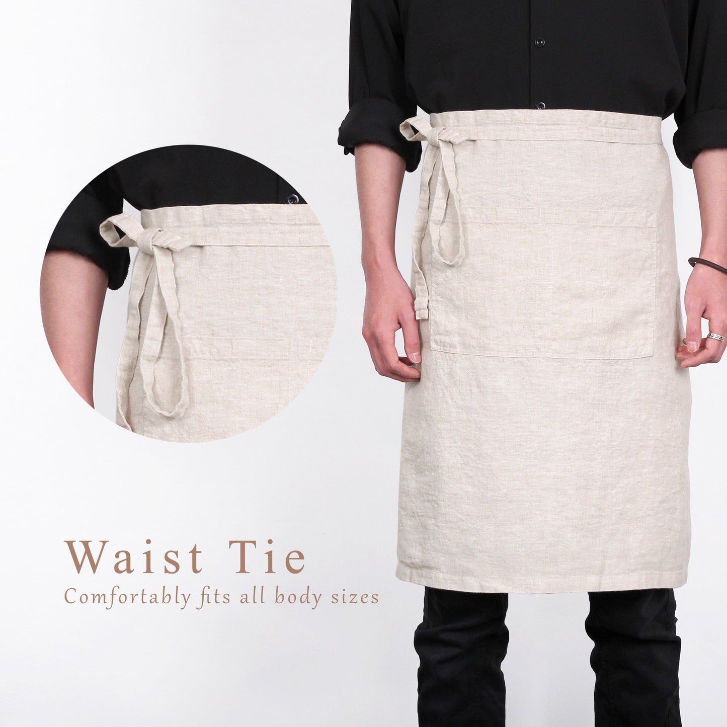 A person wearing a light beige linen apron with a waist tie, shown against a white background with a circular detail inset and text reading 'Waist Tie Comfortably fits all body sizes'.