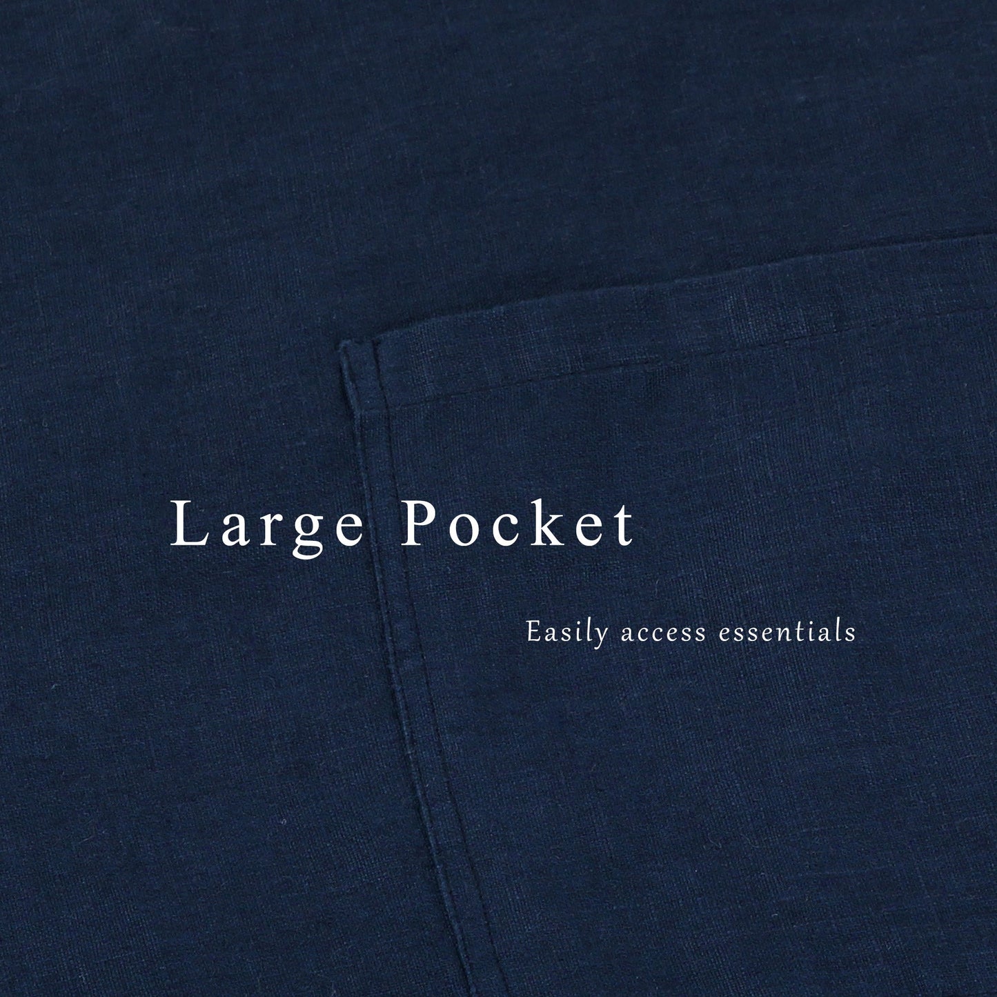 Close-up of a dark navy blue fabric surface with a stitched pocket and white text reading 'Large Pocket' and 'Easily access essentials'.