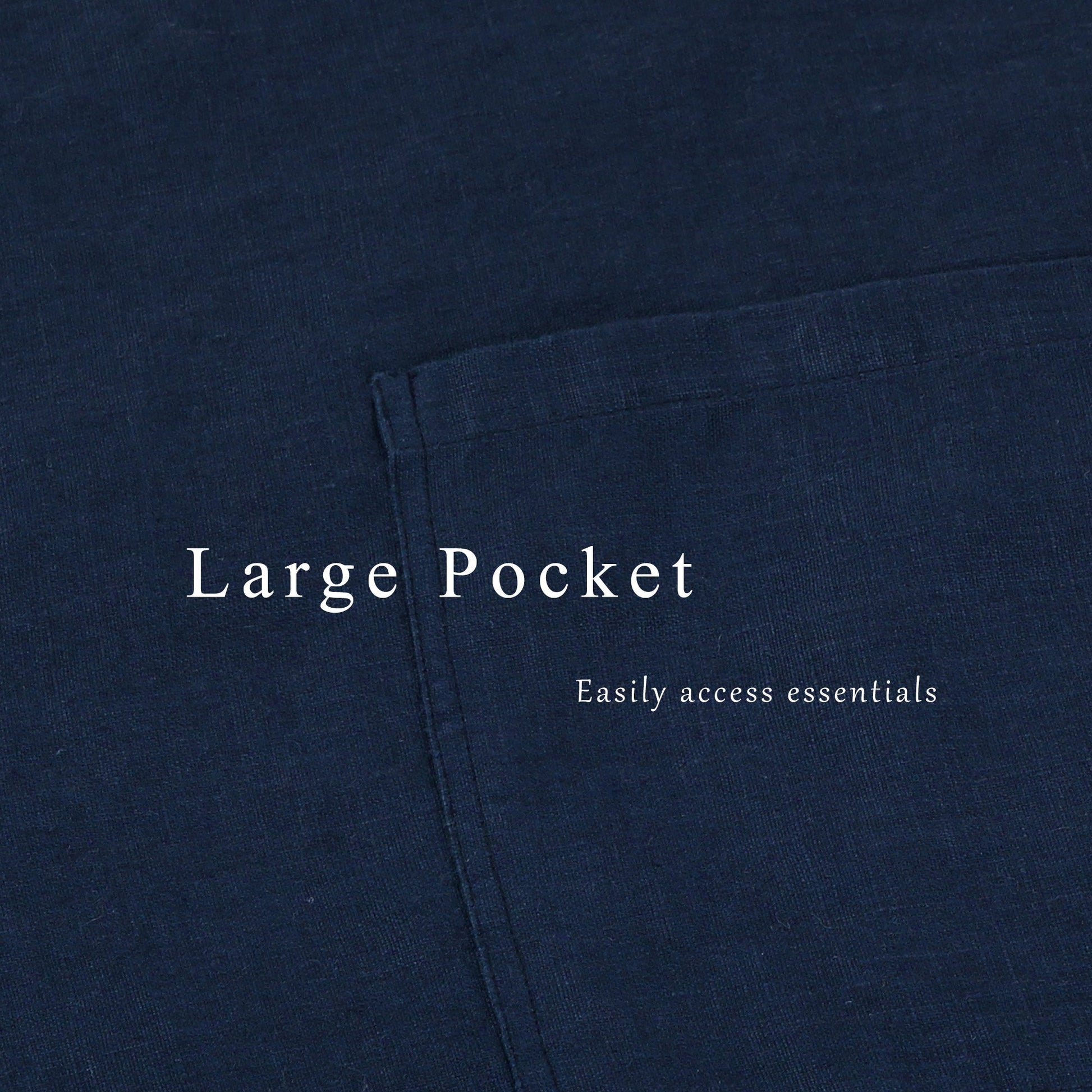 Close-up of a dark navy blue fabric surface with a stitched pocket and white text reading 'Large Pocket' and 'Easily access essentials'.