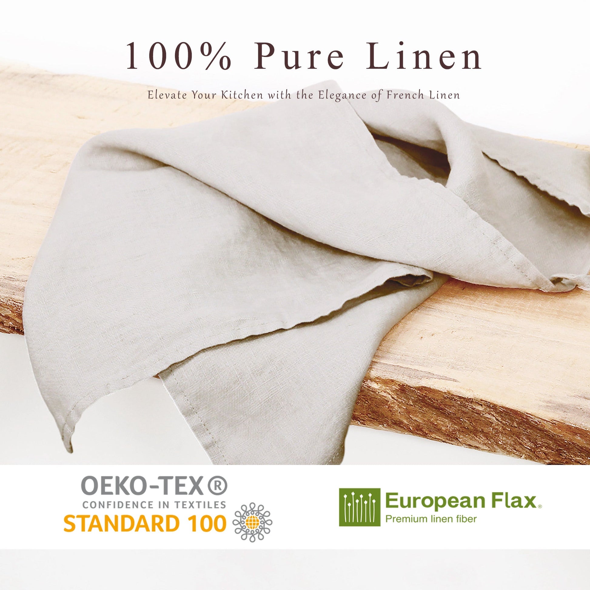A folded light beige linen tea towel draped on a rustic wood slab, with text reading '100% Pure Linen' and logos for OEKO-TEX Standard 100 and European Flax at the bottom.