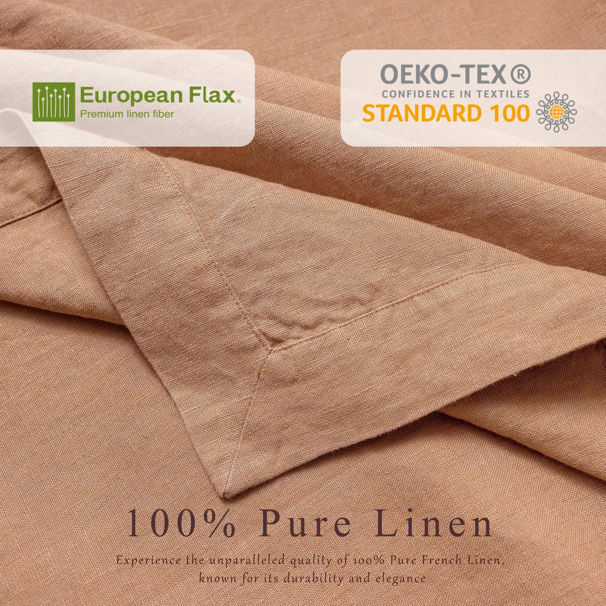 A close-up of draped beige linen fabric with a folded corner showing the weave texture. Two certification badges appear at the top, reading European Flax and OEKO-TEX Standard 100, with text at the bottom stating 100% Pure Linen.
