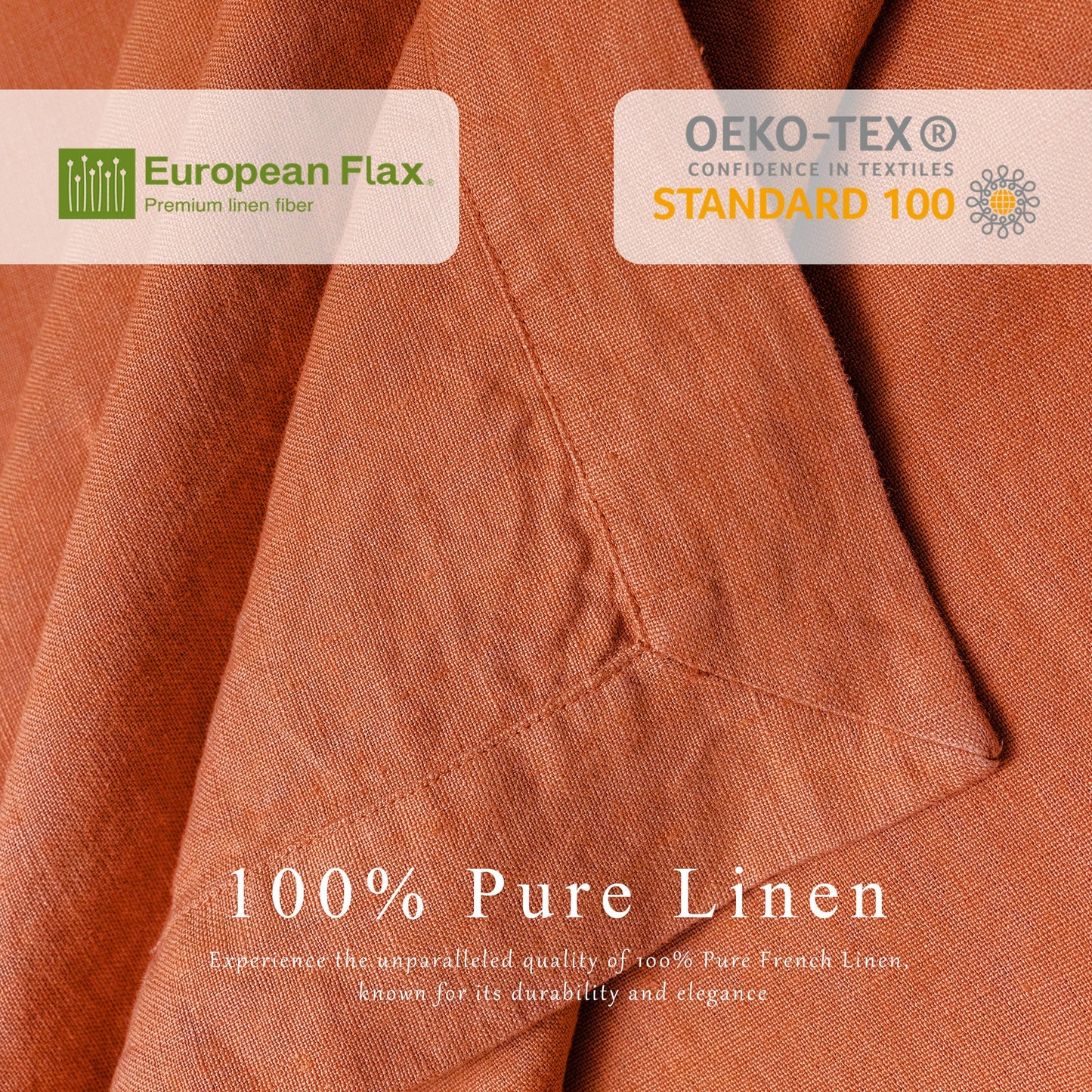 Close-up of textured orange-brown linen fabric with printed badges reading European Flax and OEKO-TEX Standard 100, plus text stating 100% Pure Linen.
