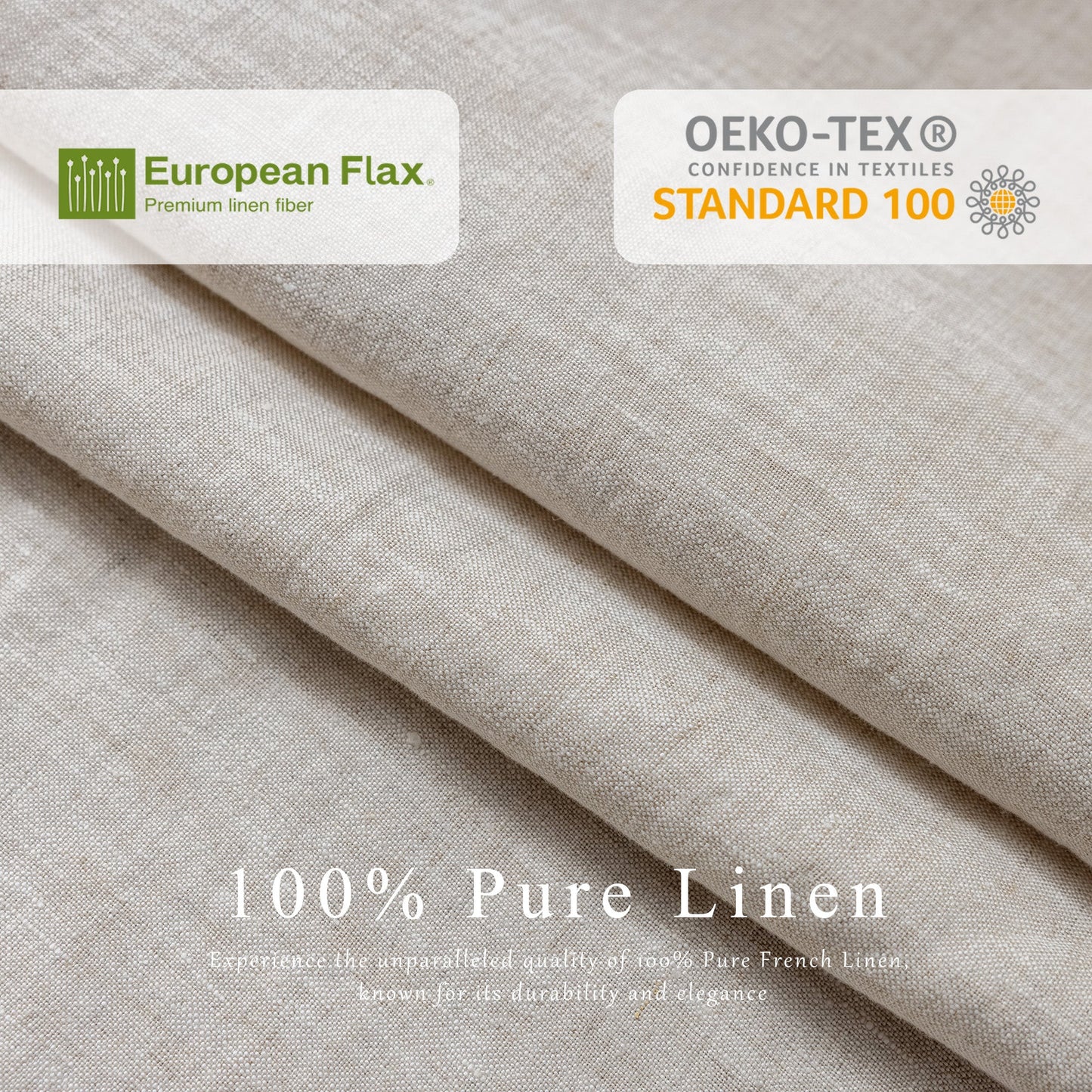 Folded light beige linen fabric with European Flax and OEKO-TEX Standard 100 certification badges, plus text reading 100% Pure Linen.