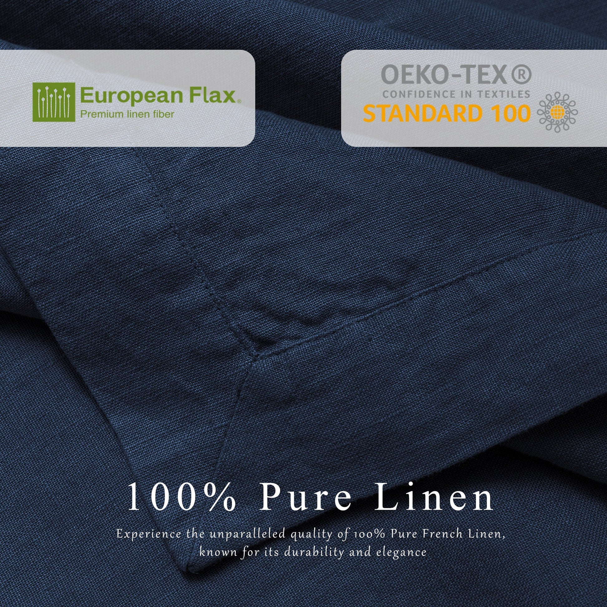 Navy blue linen fabric with OEKO-TEX and European Flax branding.