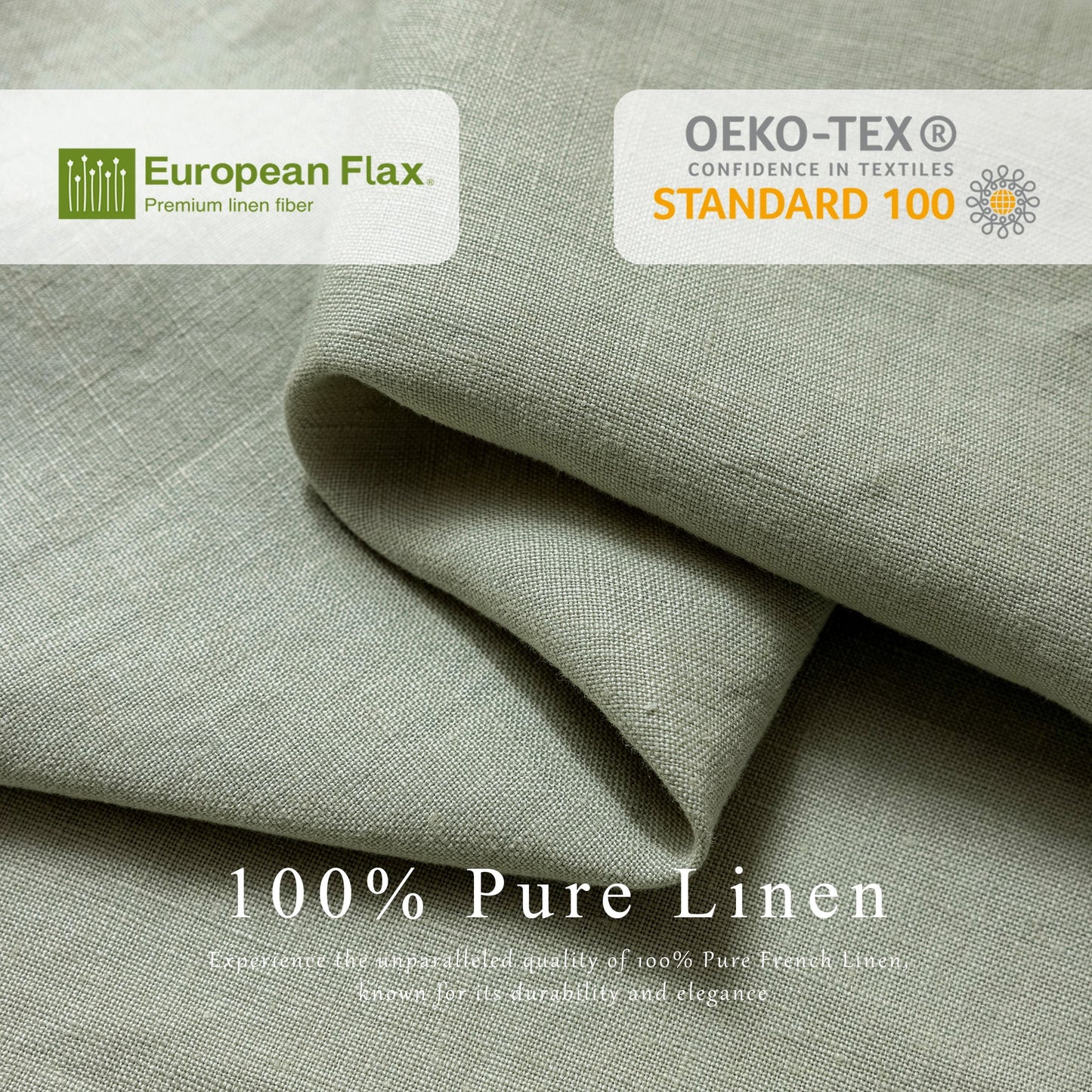 Folded light sage green linen fabric with a textured weave, featuring European Flax and OEKO-TEX Standard 100 certification badges and '100% Pure Linen' text overlays.