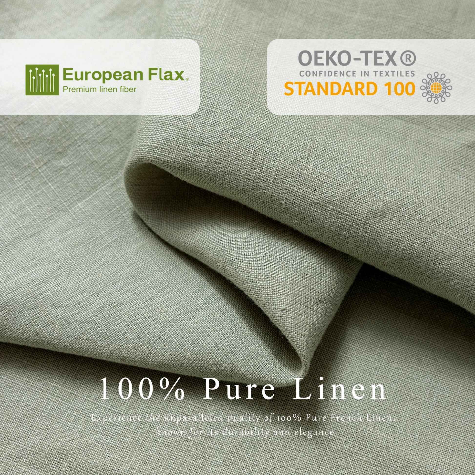 Folded light sage green linen fabric with a textured weave, featuring European Flax and OEKO-TEX Standard 100 certification badges and '100% Pure Linen' text overlays.