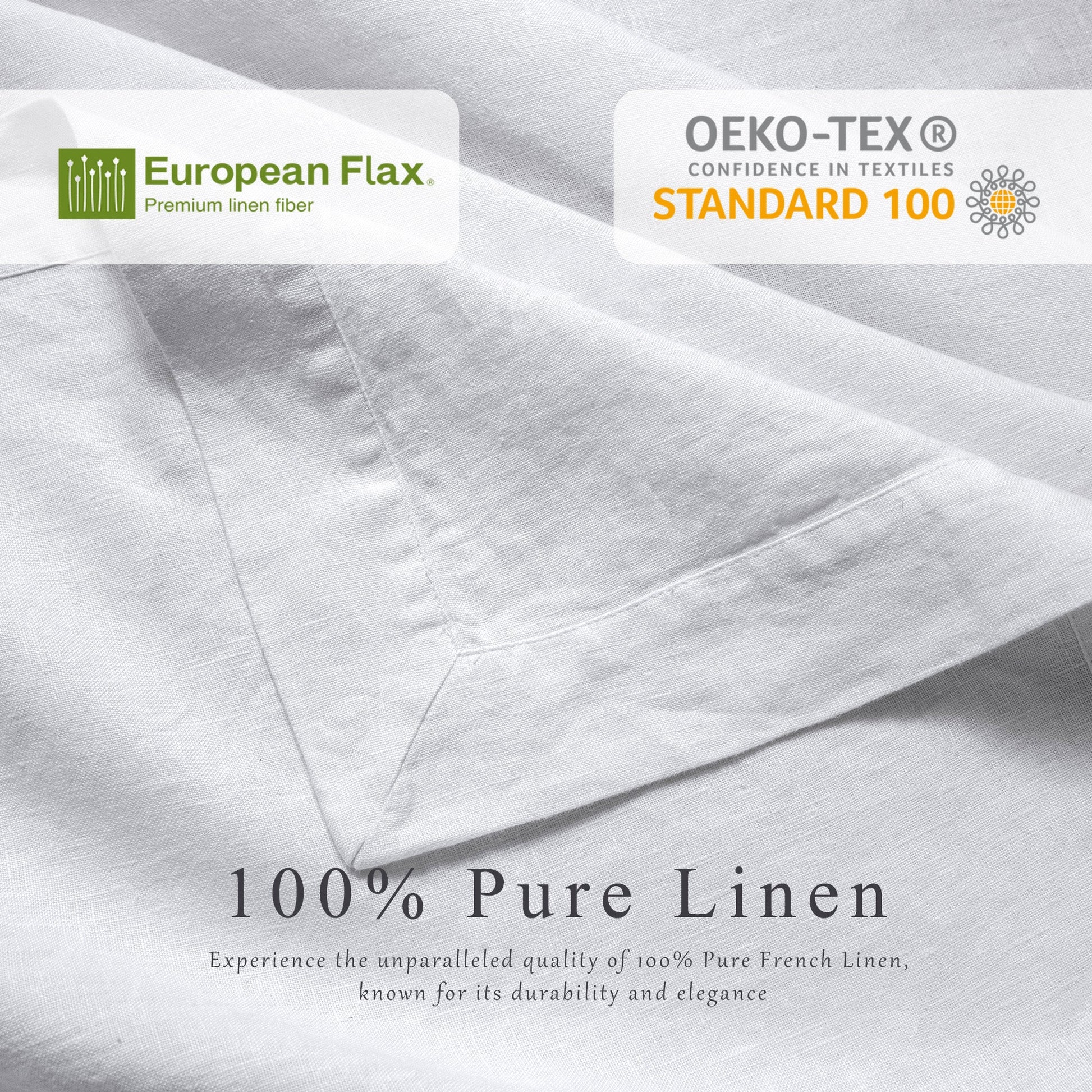 White folded linen fabric with printed certification badges reading European Flax and OEKO-TEX Standard 100, plus text stating 100% Pure Linen.