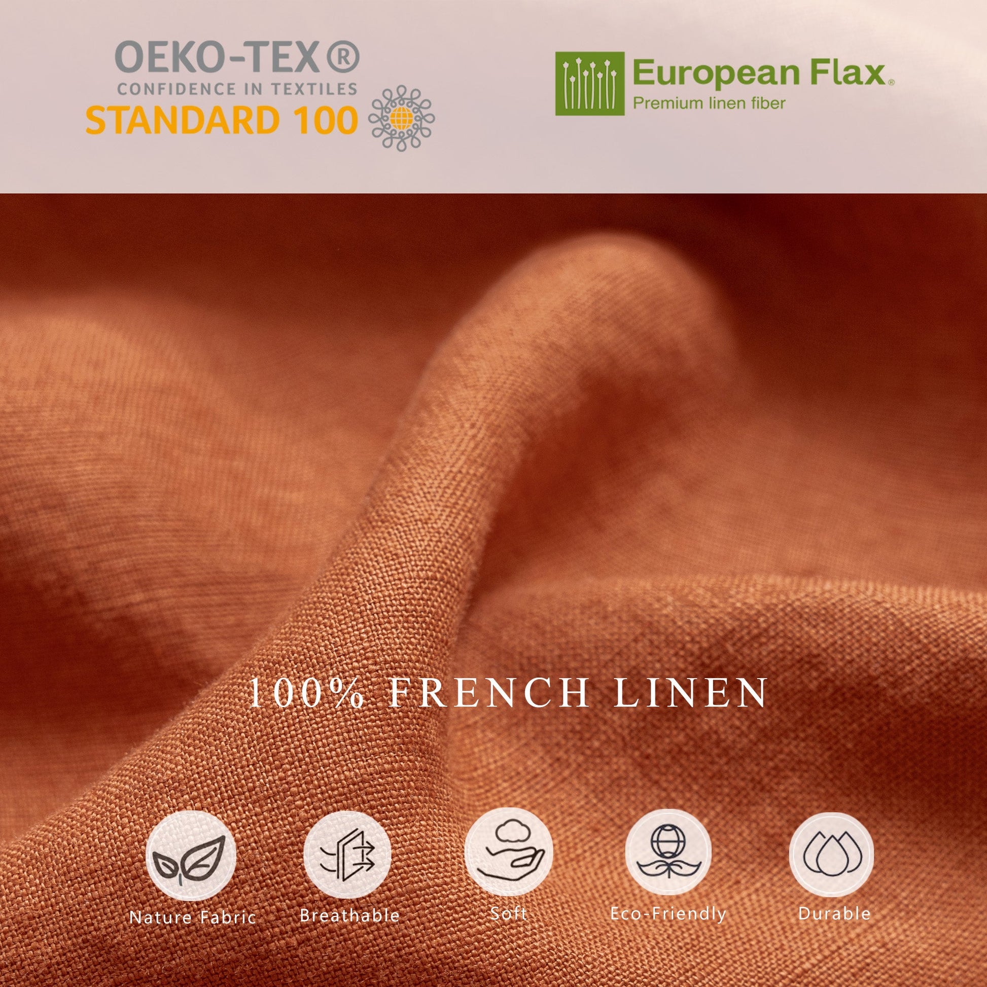 A close-up of draped orange-brown French linen fabric with text reading '100% FRENCH LINEN' and certification logos for OEKO-TEX Standard 100 and European Flax at the top.