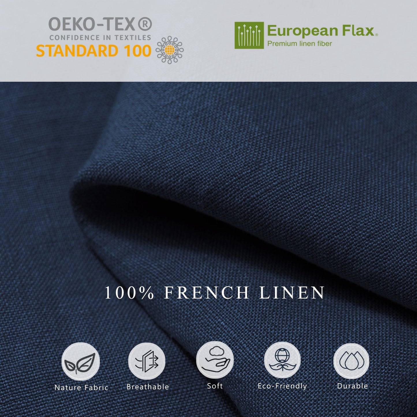 Dark navy blue French linen fabric texture shown with promotional text and certification logos at the top, including OEKO-TEX Standard 100 and European Flax.