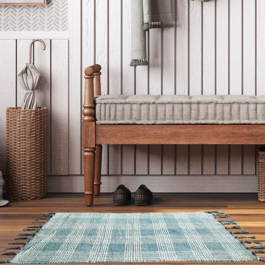 Porch Nook | Soft Blue Plaid Tassel Area Rug, 34x20