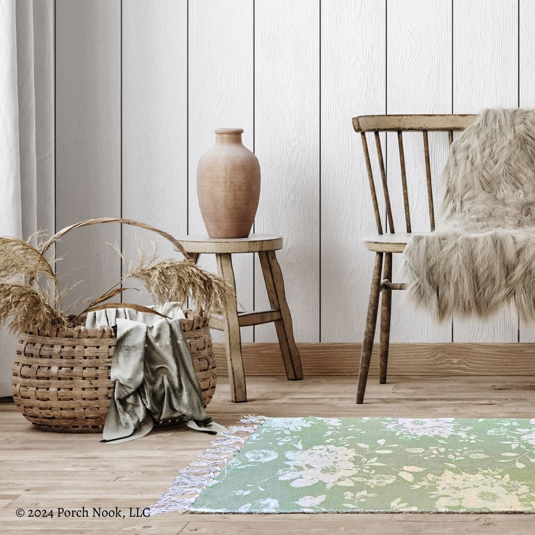 Porch Nook | Pastel Green Floral Tassel Area Rug, 34x20