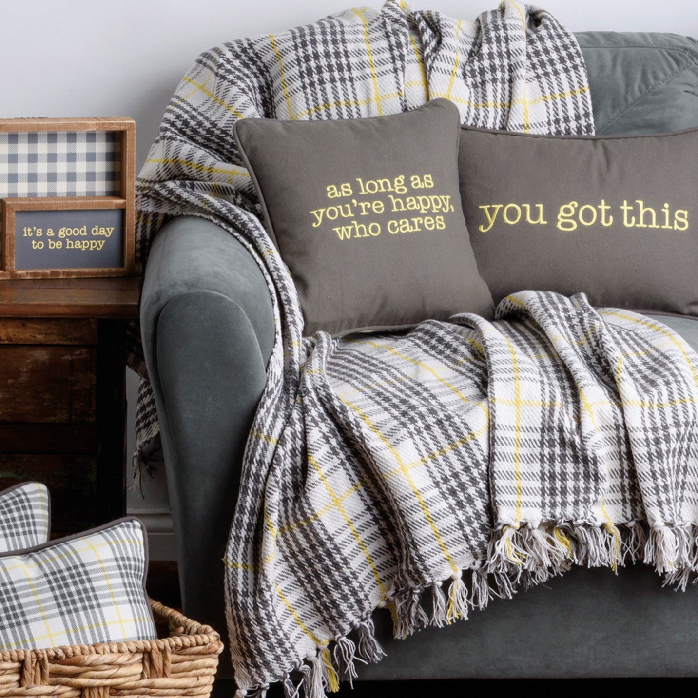 Porch Nook | Cozy Plaid Throw - 100% Cotton, Gray & Yellow