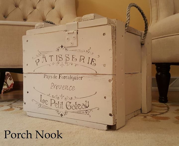 EXAMPLE: Crate box w/ "Ol' Faithful", distressed, clear wax