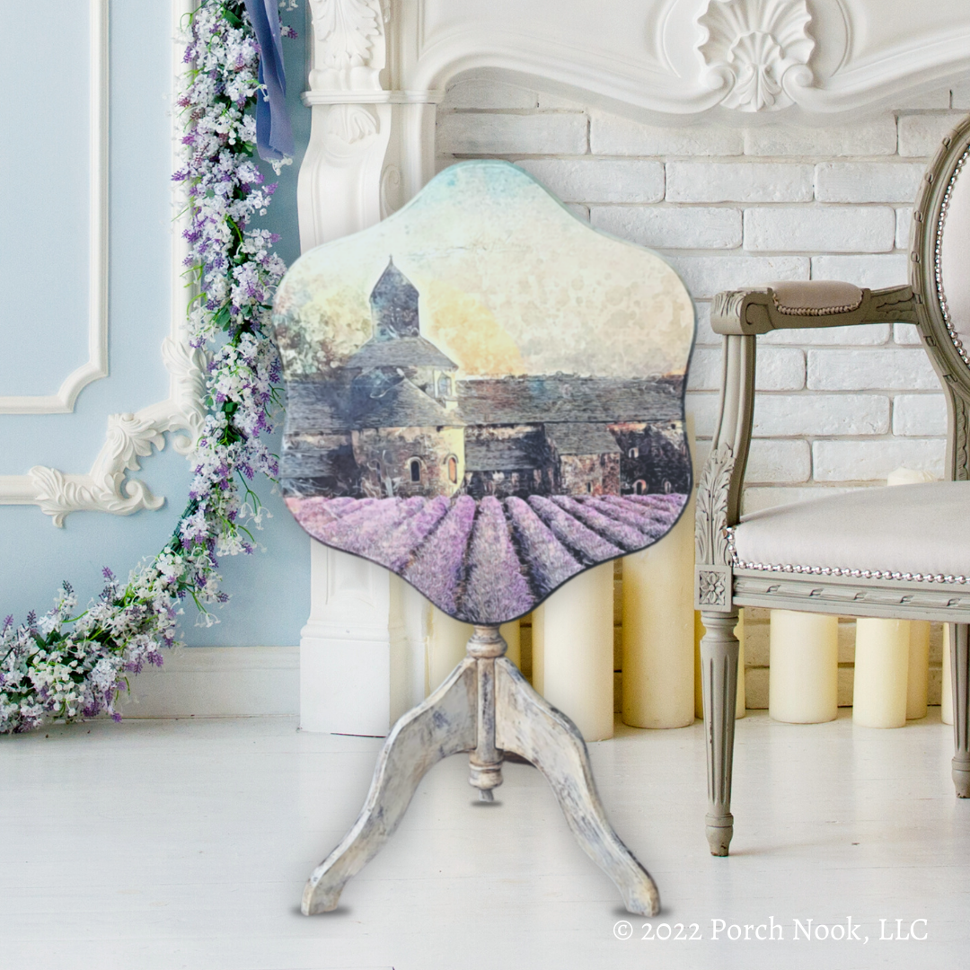 Porch Nook | Vintage Tilted Tea Table, Decoupage Abbey Lavender Fields in Provence France