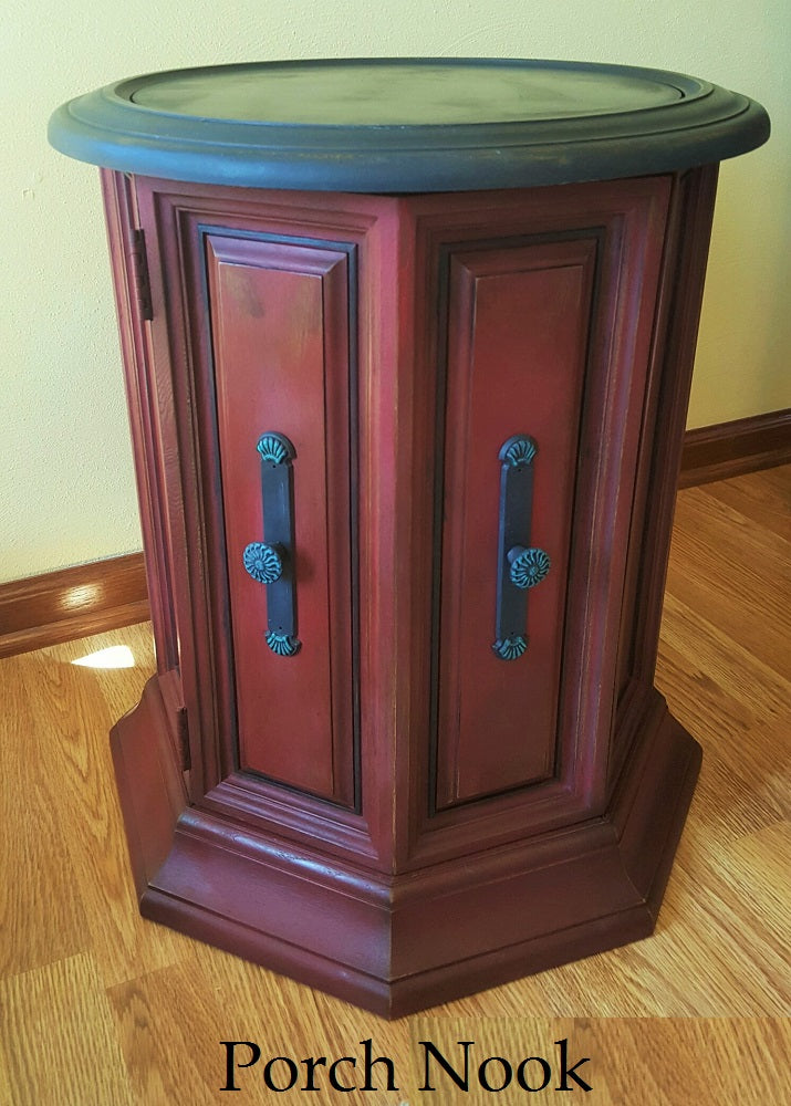 EXAMPLE: End table w/ "Heirloom Tomato" and "Charcoal", distressed, dark wax