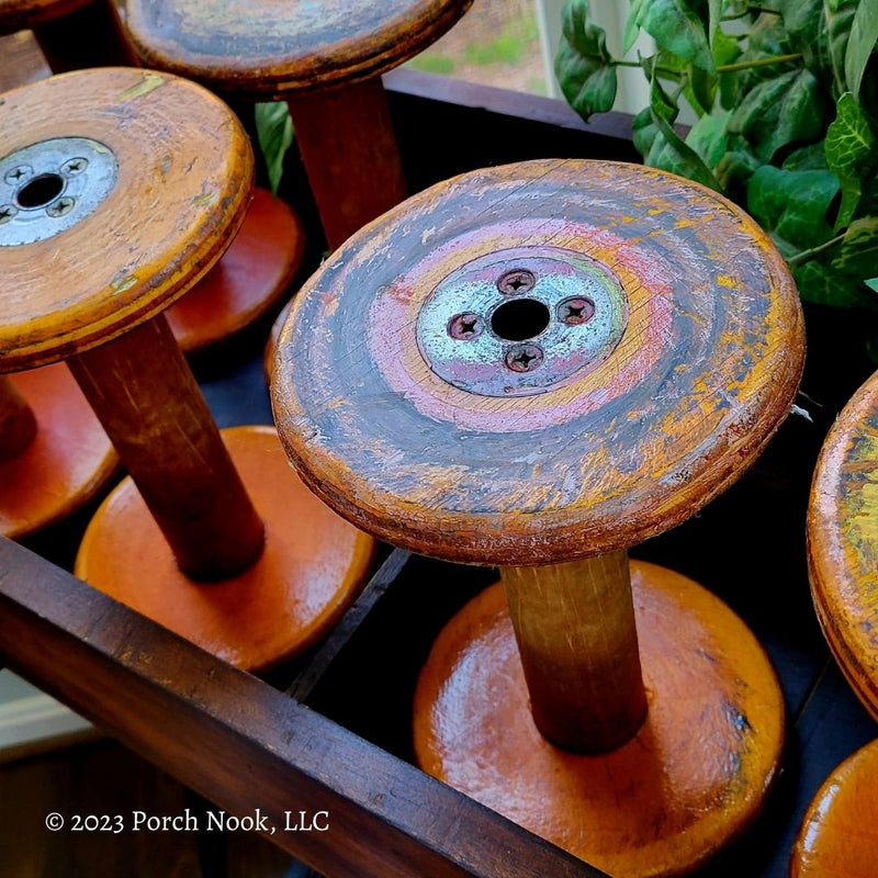 big old wooden spools, primitive wood yarn spool rustic pedestals