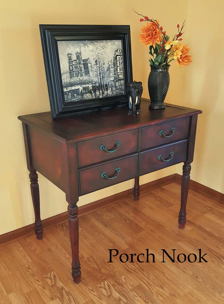 EXAMPLE: Sewing table w/ "Heirloom Tomato" and "Charcoal", distressed, dark wax