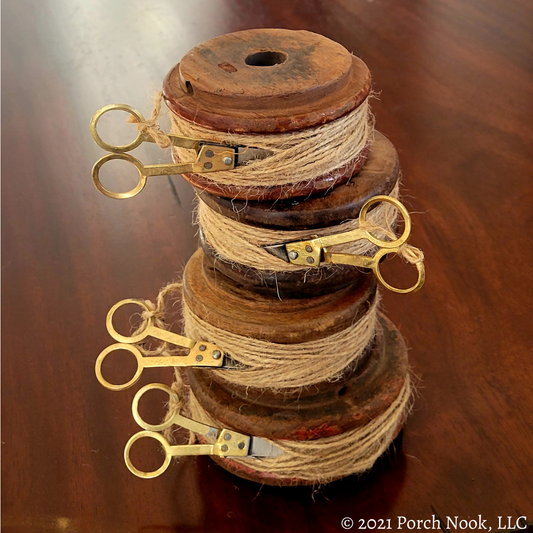 Porch Nook | Rustic Flat Wooden Spool with Twine and Scissors