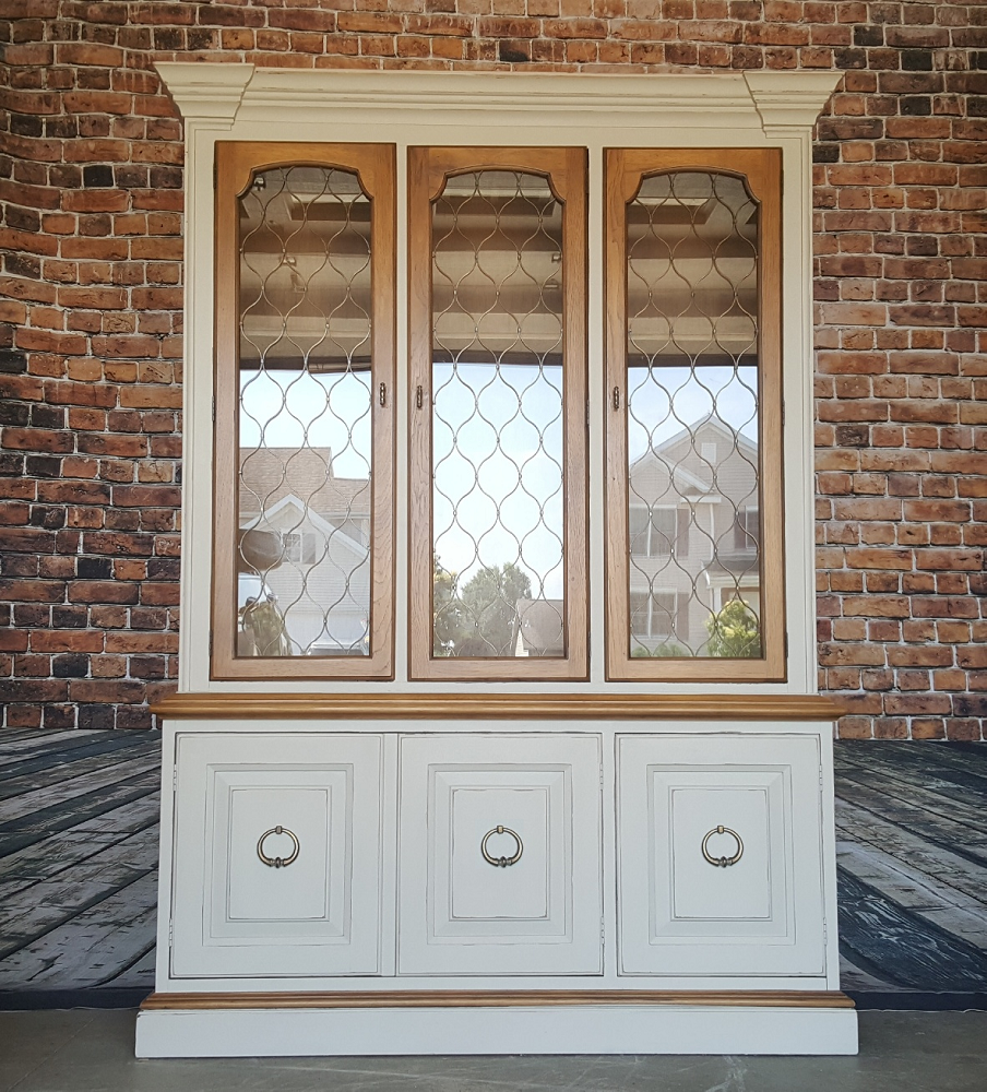 EXAMPLE: China cabinet w/ "Cashew", distressed, clear wax