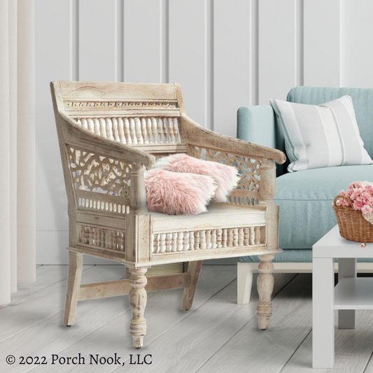 Porch Nook | Decorative Cottage Wood Armchair, Hand Carved