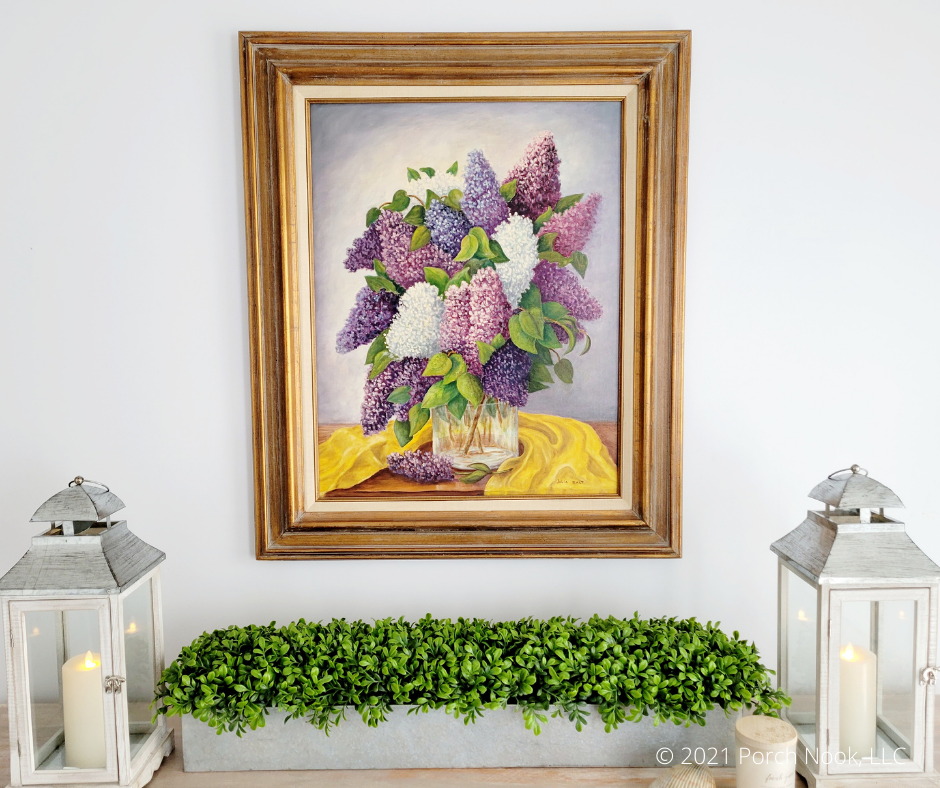 “Lilacs No. 9”, oil on canvas, wood frame, 30-1/2” W x 36-1/2” T. Painted by American 20th Century artist, Julia Salt.