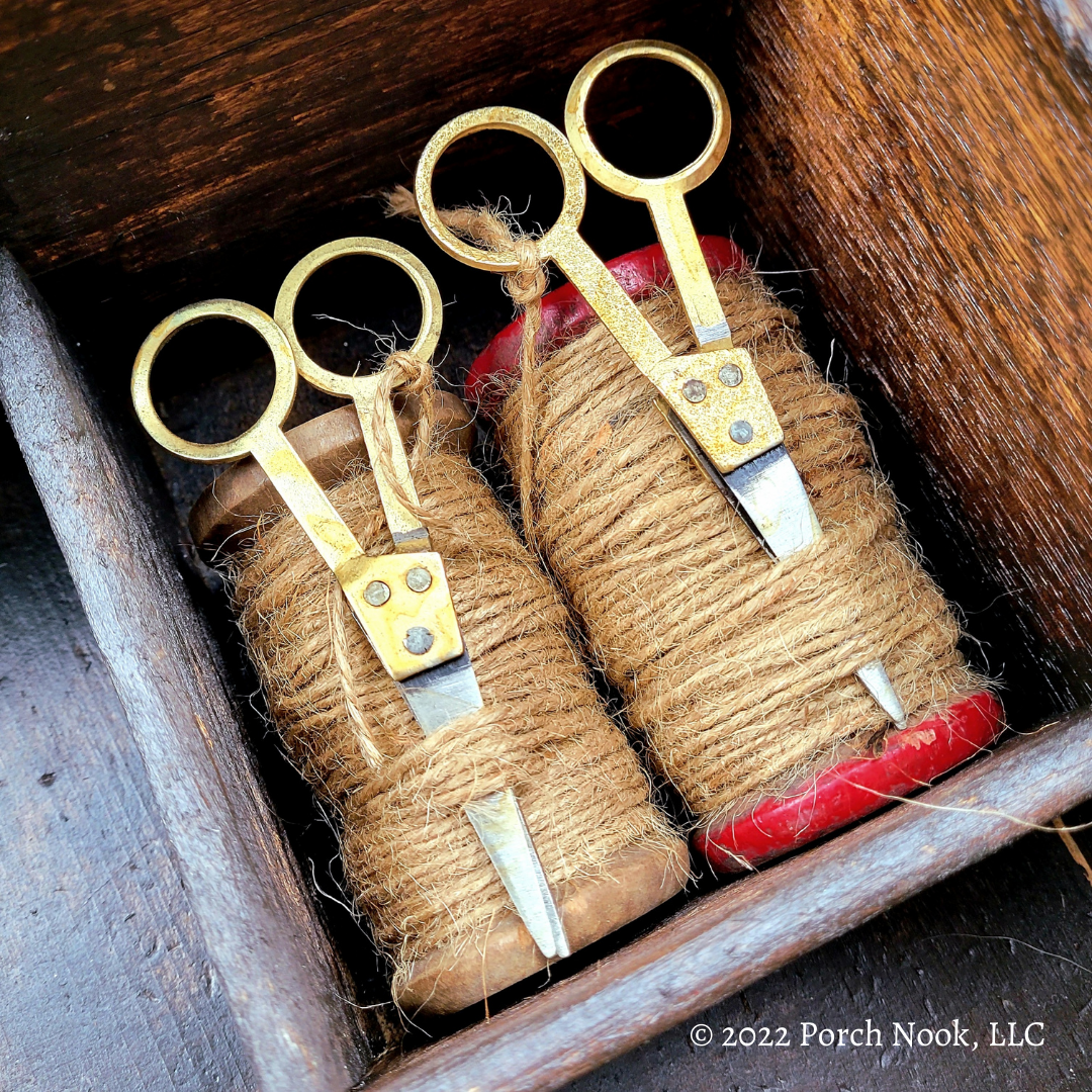 Porch Nook | Set of 2 Rustic Small Wooden Spool with Twine and Scissors