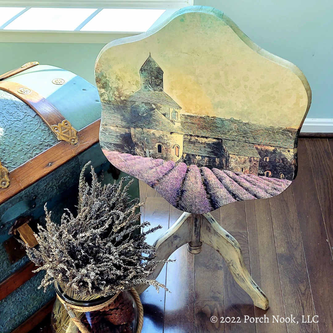 Porch Nook | Vintage Tilted Tea Table, Decoupage Abbey Lavender Fields in Provence FrancePorch Nook | Vintage Tilted Tea Table, Decoupage Abbey Lavender Fields in Provence France