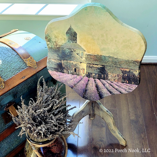 Porch Nook | Vintage Tilted Tea Table, Decoupage Abbey Lavender Fields in Provence FrancePorch Nook | Vintage Tilted Tea Table, Decoupage Abbey Lavender Fields in Provence France