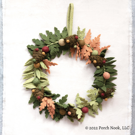 Porch Nook | Handcrafted 18" Round Wool Felt Wreath with Leaves, Pinecones and Berries