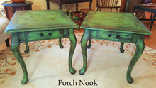EXAMPLE: End tables w/ "Sugar Snap Pea", distressed, clear and dark wax