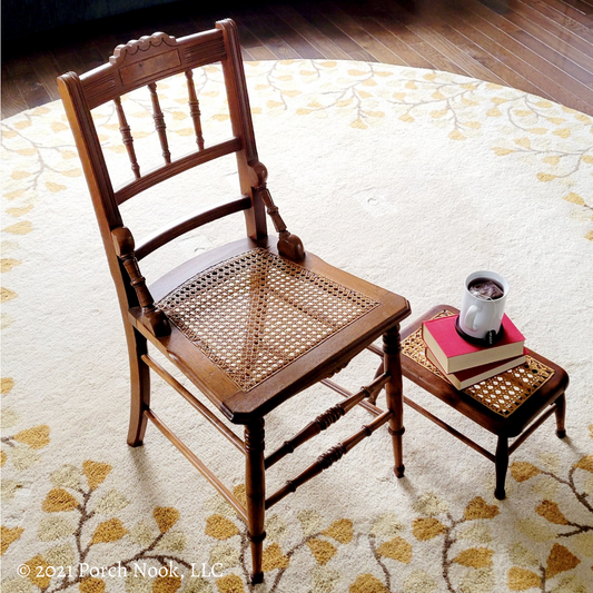 Porch Nook | Vintage Victorian Walnut Carved Back Parlor Side Chair with Hand Caned Seat